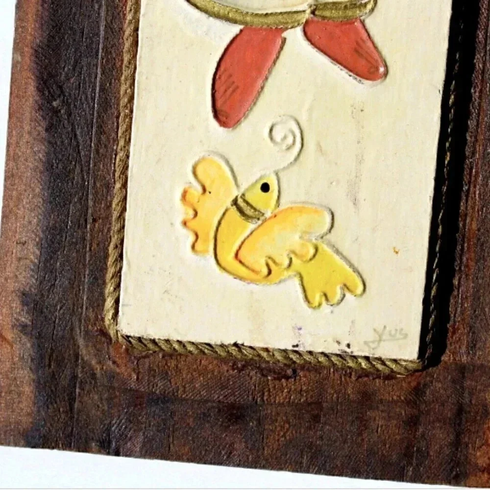 Vtg Mid Century Mexican Folk Art Wood Wall Plaques Hand Painted Children Signed
